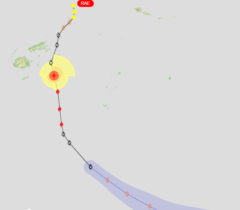Trajectoire de Météo France Polynésie Française. ORANGE = Dépression Modérée, NOIR = Dépression Tropicale Forte = ROUGE = Cyclone Tropical